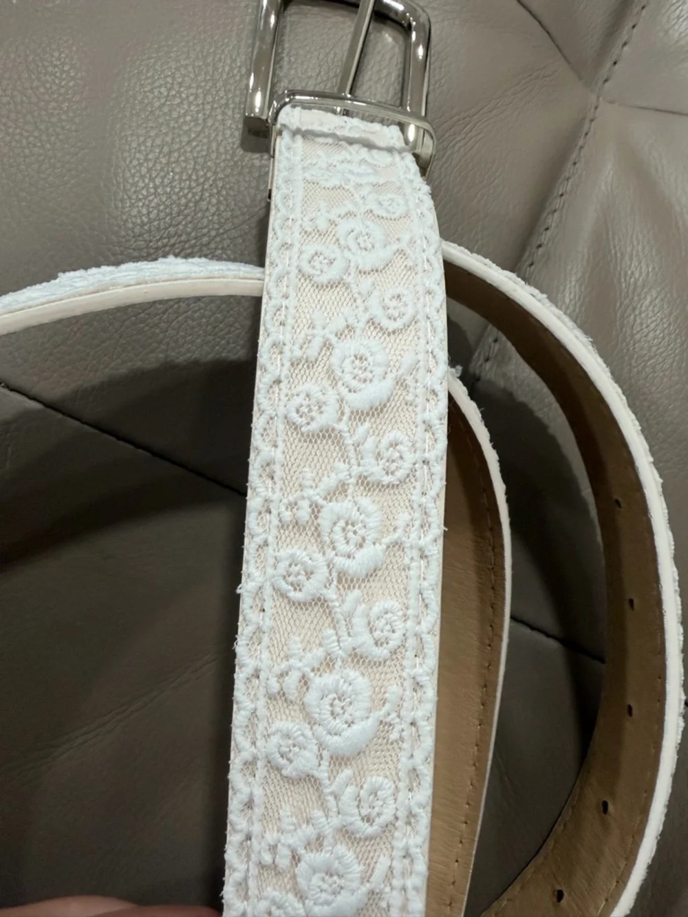 White Lace Belt Women Faux Leather Floral Embroidered Silver Buckle Cottagecore